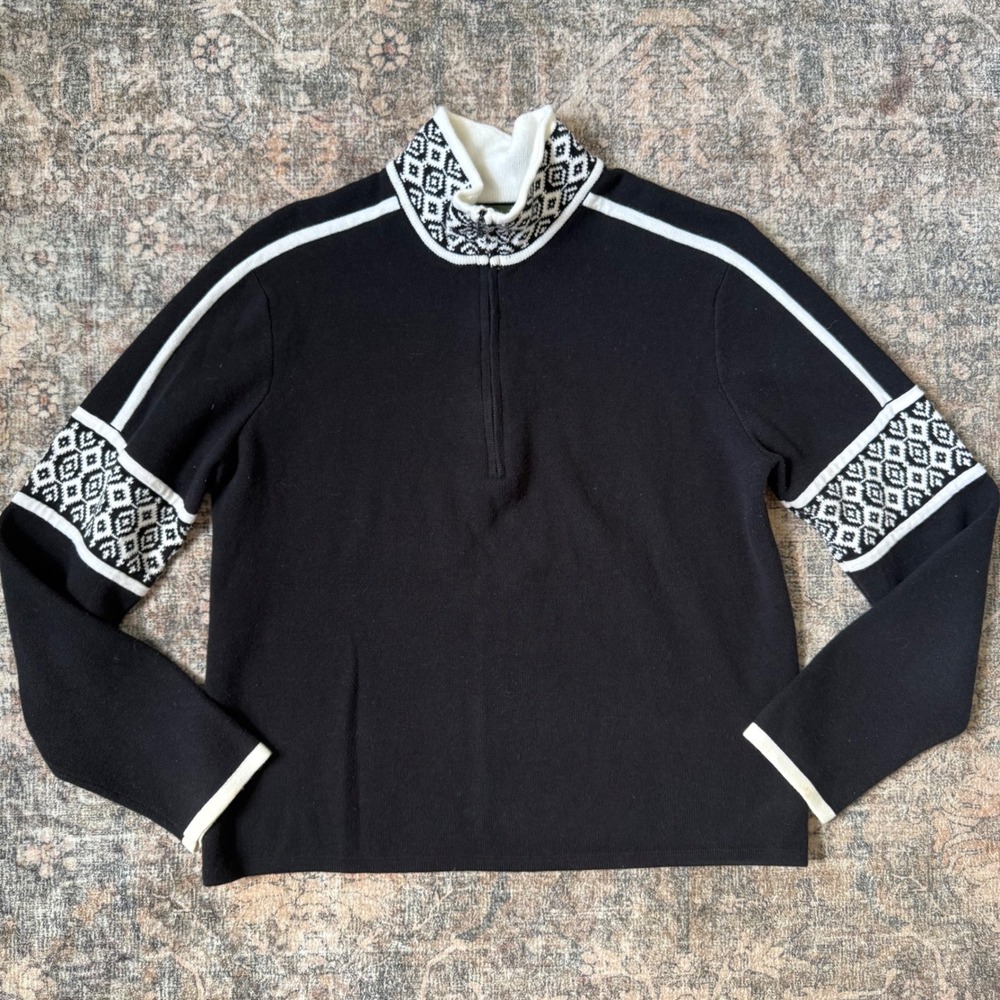Eddie Bauer Fair Isle Black White Cotton Nordic Quarter Zip Sweater Japan Large